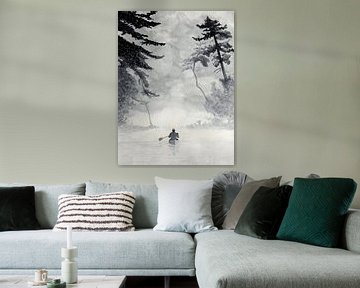 Facing the adventure (black and white watercolor painting landscape canoe nature mancave gray sailin by Natalie Bruns