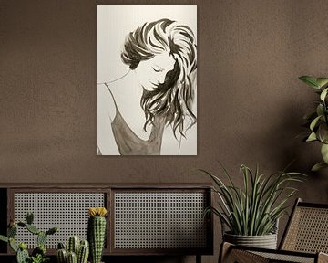 En tête (peinture aquarelle sépia portrait belle femme dame cheveux longs peinture délicate brun) sur Natalie Bruns