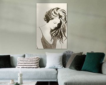 In mind (sepia Aquarell Malerei Porträt schöne Frau Dame lange Haare zarte Farbe braun) von Natalie Bruns