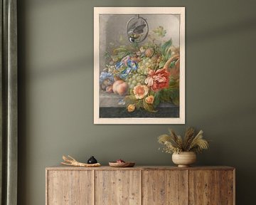 Stilleven met bloemen, vruchten, een koolmees en een muis, Herman Henstenburgh