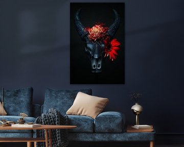 Buffel/bizon met rode bloemen van Marian Korte