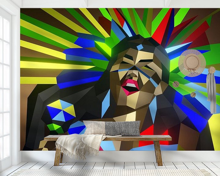Sfeerimpressie behang: Dansend Maya Meisje (2019) van Pat Bloom - Moderne 3D, abstracte kubistische en futurisme kunst