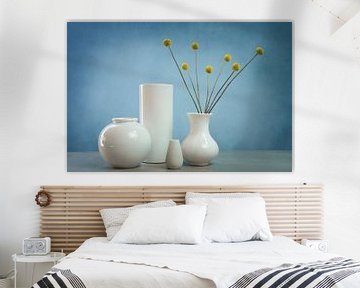 Still life with yellow flowers and white vases, Allium sphaerocephalon