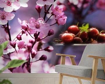 Fresh cherries in the pink blossom dream