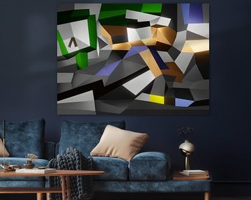 Een dynamische kubistisch kunstwerk met lopende personen van Pat Bloom - Moderne 3D, abstracte kubistische en futurisme kunst