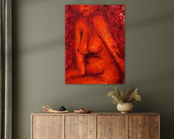 Vrouwelijk naaktmodel in warm oranje en rood van Anita Snik-Broeken