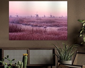 Middeleeuwse molens bij Kinderdijk in Nederland bij zonsondergang van Eye on You