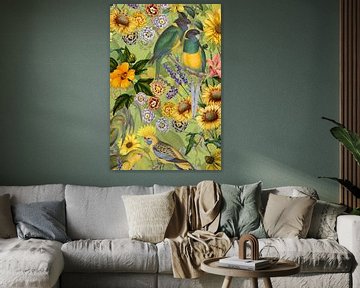 Vintage Parrots in tropical colorful flower jungle