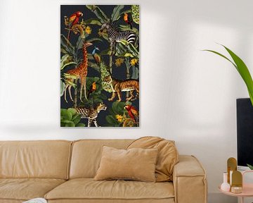 Jungle with tiger and tropical plants, zebra, giraffe and toucan by Studio POPPY