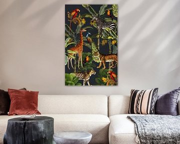 Jungle met tijger en tropische planten, zebra, giraffe en toekan von Studio POPPY