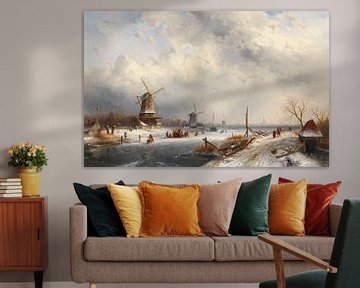 Winterlandschap met drie molens, Charles Leickert