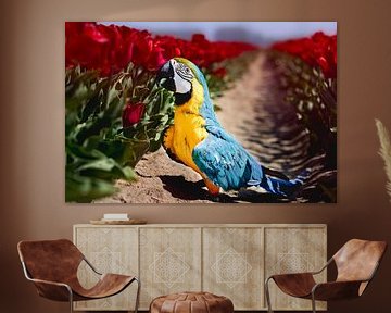 Parrot between the tulips! by T de Smit