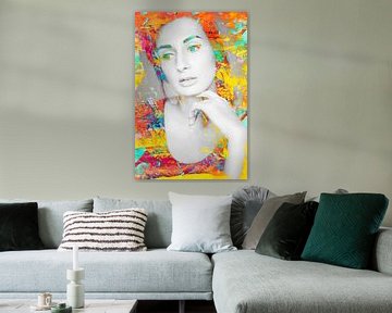 Digitale Foto Kunst - Portret van Vrouw / dichtbij / ogen / lippen / abstract / kleur / geel / oranj