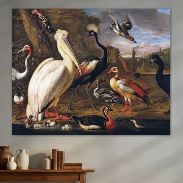 A pelican and other birds by the water, Associate of Melchior de Hondecoeter