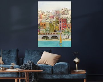 Zeilen voor de kust van een grote stad (aquarel schilderij zeilboot zee strand zomer reizen Italië)