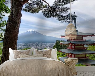 Temple with in the back mount Fuji - Japan by Michael Bollen