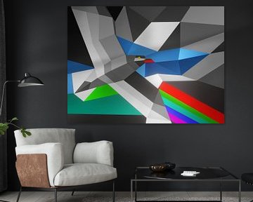 Rustiek abstract kleurrijk kunstwerk met een vogel en regenboog van Pat Bloom - Moderne 3D, abstracte kubistische en futurisme kunst