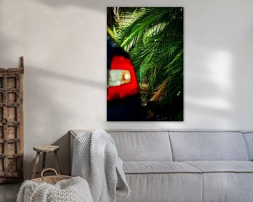 Achterlicht van een auto geparkeerd voor palmbomen van Michael Moser