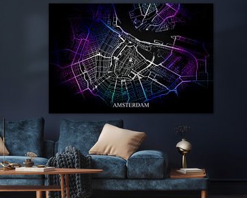 Amsterdam - Abstracte Plattegrond  in Zwart Paars Blauw van Art By Dominic