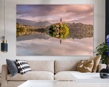 Church of the Assumption of Mary in the middle of Lake Bled, Slovenia by Gijs Rijsdijk