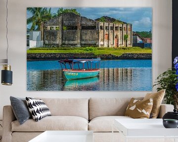 Fishing Boat and the ruins of an old Coconut Oil Factory in the town of Taperoa Bahia Brazil by Castro Sanderson