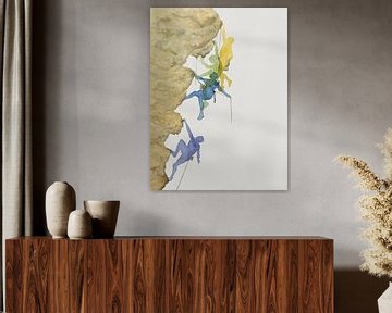 De bergbeklimmers (abstract aquarel schilderij bergen klimsport silhouet extreme sport boulderen K2) van Natalie Bruns