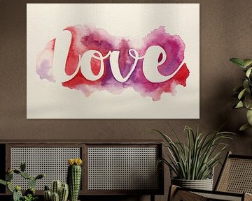 Love (vrolijk abstract aquarel schilderij Valentijn typografie liefde hartje verlieft roze paars) van Natalie Bruns