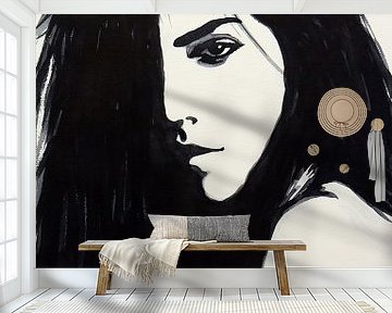Verzonken gedachten (zwart wit aquarel schilderij naakt portret vrouw sexy dame gothic) van Natalie Bruns