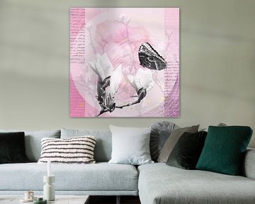 Magnolia blossoms in spring with lettering and butterfly in black white and pink by Carmen Varo