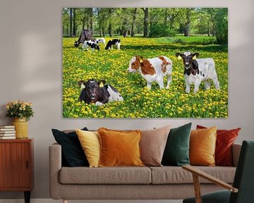 Groep pasgeboren kalfjes met koe in Nederlandse weide met paardenbloemen van Ben Schonewille