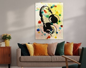 Spetterende hoofdtelefoon (abstract aquarel schilderij DJ muziek spetters vrolijk feest silhouet) van Natalie Bruns