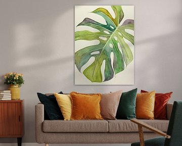 Der bunte Philodendron Monstera 3 von 3 (Aquarellmalerei Blumen grün Zimmerpflanze Natur Dschungel) von Natalie Bruns