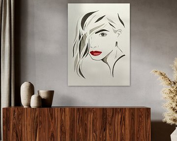 Lippen om te zoenen (modern aquarel schilderij portret mooie sexy vrouw dame abstract kapsel beige ) van Natalie Bruns