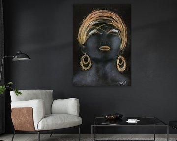 Portrait d'une femme africaine avec de l'or. Peint à la main. sur Ineke de Rijk