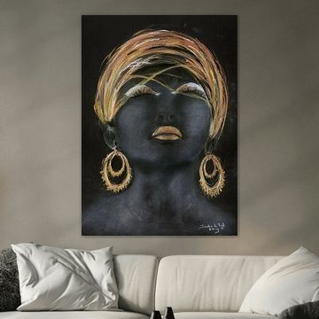 Porträt einer afrikanischen Frau mit Gold. Handbemalt.