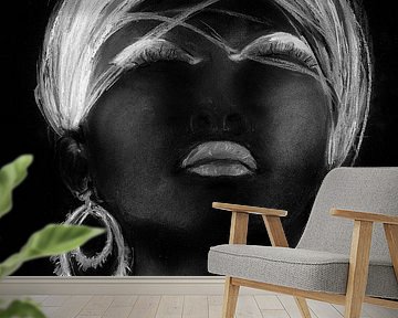 Portret van een Afrikaanse vrouw in zwart en wit. Handgeschilderd.