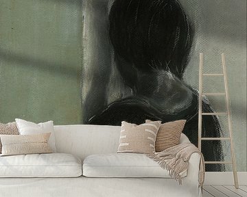 Portret van een vrouw die zich verschuilt.  Handgetekend.