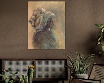 Portrait d'une femme africaine avec une coiffe. Peint à la main. sur Ineke de Rijk