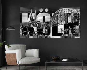 Cologne with Hohenzollern bridge and cathedral black white by Bass Artist