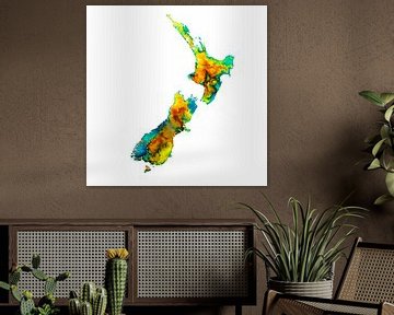 Peinture de la carte de la Nouvelle-Zélande en aquarelle colorée en jaune et vert sur WereldkaartenShop