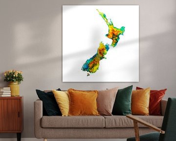 Schilderij van Nieuw Zeeland | Landkaart in kleurrijke aquarel in Geel en groen van WereldkaartenShop