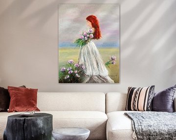 Bloemen plukken op een mooie zomerse dag. Pasteltekening van Ineke de Rijk