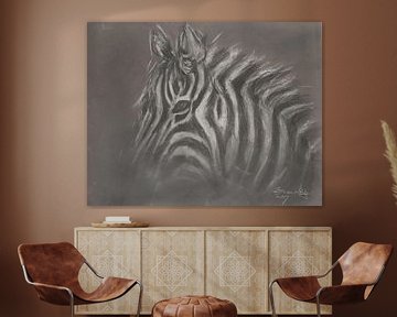 Afrikaanse zebra getekend met pastelkrijt . van Ineke de Rijk