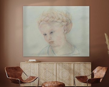 Fille aux cheveux tressés. Peint à la main avec de la craie pastel. sur Ineke de Rijk