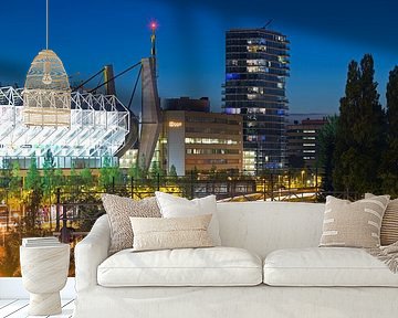 Night shot of the railway tracks, PSV stadium and building Hartje New York in Eindhoven by Anton de Zeeuw