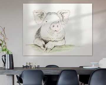Le cochon content (aquarelle joyeuse au fusain, animaux du zoo, chambre d'enfant)