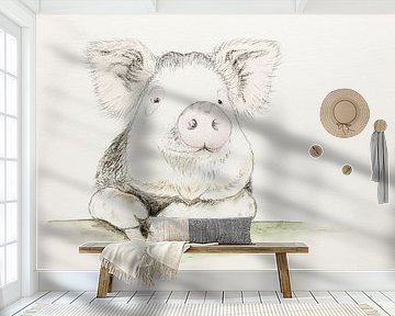 Het tevreden varken (vrolijk aquarel schilderij houtskool kinderboerderij dieren kinderkamer baby) van Natalie Bruns