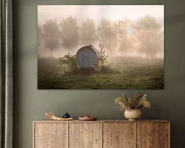 een waterkar in het veld op de oevers van de Leie tijdens een mistige ochtend in Kortrijk, Belgie