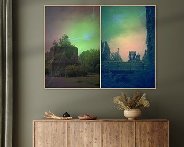 Buitenaardse landschappen collage in roze en groen tinten van Carin Klabbers