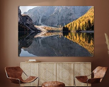 Herbst-Holz Reflexion - Pragser Wildsee, Dolomiten, Italien